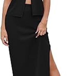 Women 2 Piece Summer Outfit Set V Neck Button Crop Tank Top Vest Bodycon Maxi Long Skirt Waffle Knit Dress-image-50