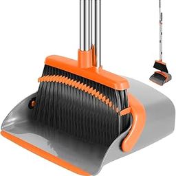 Scribify Broom and Dustpan Set, 52-in Long Adjustable Handle Broom Combo with Teeth to Automatically Clean Hair Suitable for Home Kitchen Office Hall Floor（Grey&Orange）-image-91