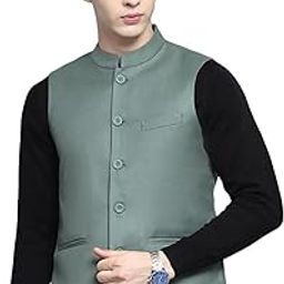 Mens Solid Olive Band Neck Sleeveless Jacket-image-22
