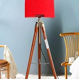 Wooden Designer Tripod Floor Lamp with Red Shade for Living Room & Bedroom Decor-7