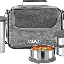 MILTON Daily Meal Lunch Box with Unisex Bag, 3 Stainless Steel Containers 300 ml Each & Tumbler 400 ml, Leak-Proof Tiffin for Office, College, Picnic, Grey-0