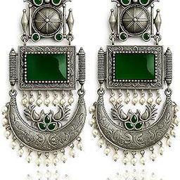 Oxidised Replica Earrings for Women & Girls | Vintage Monalisa Green Stone Ethnic Earrings with Pearl Beads | Vintage Look Oxidised Monalisa Stone Earrings with Adorable Pearl Beads Detailing-image-0