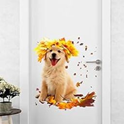 DivineDesigns™ Cutee Dog Autumn Leaves Door Sticker | Sticker for Living Room, Bedroom, Office (Vinyl, Standard, Multicolour)-4