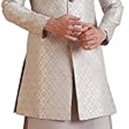 Men's Silk Blend Full Sleeves Regular Fit Woven Design Blue Kurta Indo-Western Sherwani Churidar Set-image-79