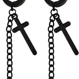 Jesus Cross Long Chaiin Black Stainless Steel Cross Hoop Earring For Men And Women-image-11
