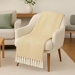 Tarantaran Cotton Throw Blanket, 127x152 cm, Beige and White Herringbone Pattern, Decorative Tassels, Machine Washable | Orane ZZ |-image-77