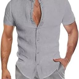 Men Summer V Neck Linen Shirt with Stand Collar Short Sleeves and Buttoned Cardigan Design-image-95