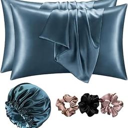VIYANSHI Satin Pillow Cover for Hair & Skin 3 Months Warranty with 2 Silk Pillow Covers & 3 Satin Scrunchies for Women Gift Items for Women Silk Pillow case Satin Bonnet for Curly Hair (Blue Steel)-image-38