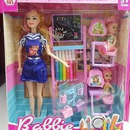 Tickles Teacher Study Prime Plastic Doll Playset Set With 2 Nos Student Doll Set School Benches, School Table, Bags And Bottles - Assorted- Multi Color Size: 30 Cm-0