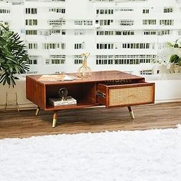RODIWAL Mid-Century Modern TV Unit, Wooden Coffee Table with Rattan Drawer, Gold-Tipped Legs-image-86