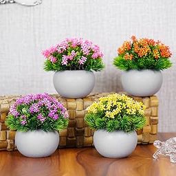 Dekorly Artificial Flower Plants With Grey Pot | Flower Plants For Home Office Decor | Bedroom, Living Room, And Balcony Decor | Pack Of 4 - Plastic-26