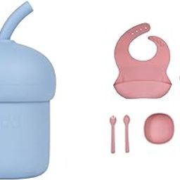 Tudd Mini Sip | Spill-Proof Silicone Straw Cup for Kids | Blue with Tiny Tots Tableware Treats | Complete Baby Feeding Set | Pink-image-9