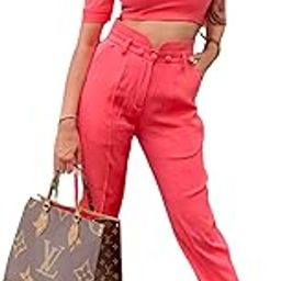 Neon Pink Italian Crepe Co-Ord Set with One-Shoulder Puff-Sleeve Top and Tailored High-waist Trousers | Ideal For Date, Casual & Semi Formal Wear, Resort Wear-image-3