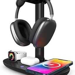 Headphone Stand with 4 in 1 Charging, 15W Qi Fast Charging Station Headset Holder Detachable Headphone Charging Hanger for Phones, Earphones, Watches, etc-picture-25