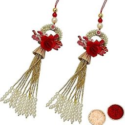 Buyent ® elegant Kundan pearl Beautiful Handmade flower lumba rakhi for bhabhi set of 2 rakshabandhan chuda rakhi for women latkan wali rakhi with roli chawal pack-image-83