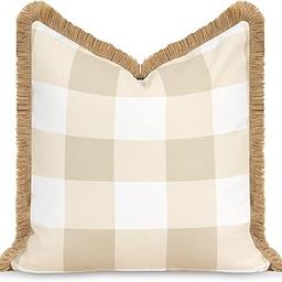 Hofdeco Premium Coastal Patio Indoor Outdoor Throw Pillow Cover Only, 20"x20" Water Repellent for Backyard, Couch, Neutral Tan Plaid with Fringe-image-47
