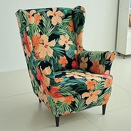 HOKIPO 140 GSM Fully Covered Wingback Chair Cover, Spring Green Hibiscus (NEW-5135-D9)-image-66