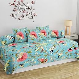 STEDO Homes 250 TC Pure Cotton Designer Printed Standard 6 Pieces Diwan Set Bedsheet Covers (1 Single Bedsheet, 2 Bolster Covers, 3 Cushion Covers, Aqua)-image-14