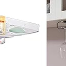Corner Bathroom Shelf Organiser, 5-in-1 ABS Plastic, Wall Mount Storage Caddy, Clear | & | Self-Adhesive Wine Glass Rack/Holder - Upside Down Glass Hanging Shelves Organizer-image-53