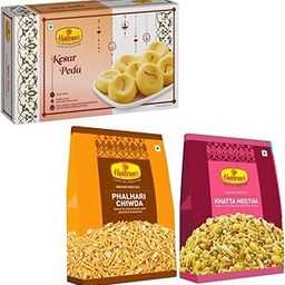 Haldiram's Nagpur Kesar Peda (250g) With Farali Chiwda Standy (200g) And Khatta Meetha Standy (200g)-image-57