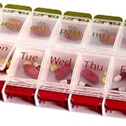 Celebration Push Button Pill Box 7 Day Weekly Medicine Organizer Daily 2 Times a Day Portable Travel Container Holder for Vitamin & Tablets Moisture-Proof Compartments Case, BPA Free (Red-Green)-1