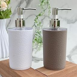 Refillable Handwash Dispenser Bottle | Unbreakable Liquid Soap/Shampoo/Hand wash/Liquid Soap Dispenser Bottle for Bathroom, Wash-Basin and Kitchen (Pack of 2, White Brown) Plastic-image-8