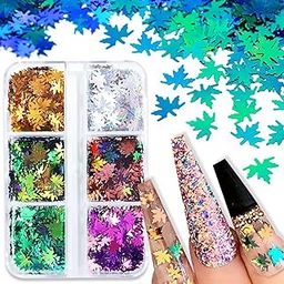 THR3E STROKES 6 Colors Holographic Glitters Fall Maple Leaf Shaped Nail Art Sequins Flakes 3D Aurora Gradient Nail Maple Leaf Sequins DIY Design Confetti for Decoration (D37)-image-6