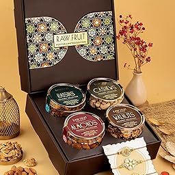 HyperFoods® Rakhi For Brother Dry Fruits Gift Pack of 4 Cashews Almonds Walnuts Raisins 475 Grams Dryfruits Gift Hamper with Divine Trio Rakhi Set of 3 with Roli & Rice-image-35