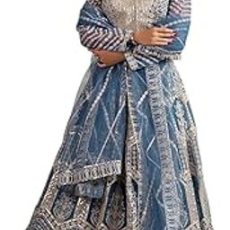 Woman's Teal Net Zari Embroidered Sequins Lehnenga-image-4