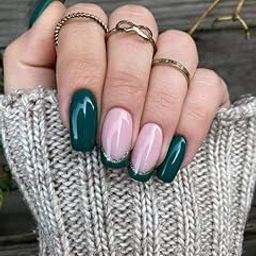 FWS Artificial fake Press On Nails Art Set (Set Of 20) Reusable Nails Extension,BridalNails,Stick-On Nails,Manicure Art Set, AcrylicNails,False Nails,DesignerNails | Nail Glue, Nail file, cuticle pusher, cleaning wipe | Glossy Dark Green French Shape Long Square-image-87