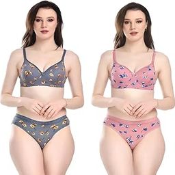 Woman's Innerwear Cotton Bra Panty Set | Non Wired | Padded Lingerie Set for Woman Combo Pack of 2-image-52