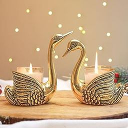 BEHOMA Aluminium Pair of Swans for Good Luck and Love | Candle Holder for Home Decor Tabletop Living Room | Showpiece for Gifting Anniversary Valentine's Day (Candles/Plants Etc Not Included), Gold-12