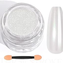 THR3E STROKES White Pearl Chrome Nail Powder - 1g Mirror Effect Chrome Powder for Gel Nails, Metallic Mermaid Chrome Nail Powder for Gel Polish, Pearl Nail Powder Glitter Dust Kit for Nail Art Decorations (WHITE PEARL)-18