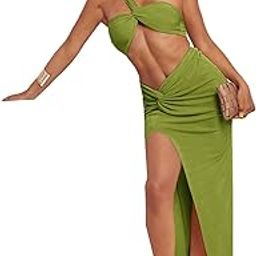 Women's 2 Piece Outfit One Shoulder Crop Top with Split Thigh Skirt Set-picture-43