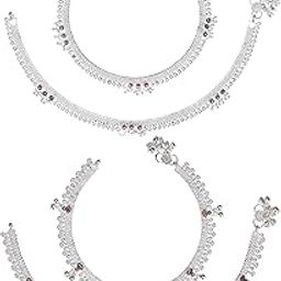 Pack of 2 Pair, Indian Traditional Ethnic White Metal Anklet Pair Silver Leg Bracelet For Women Payal Girls Kolusu-image-45