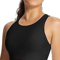 Women's Swim Bra Modest High Neck Bikini Tops Quick Dry UPF 50+Bathing Suit Sports Workout Removable Padded, Black, 34-image-92