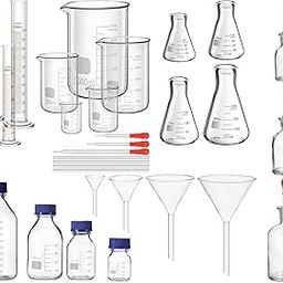 FZN 20-Piece Lab Glassware Set – Includes 4 Graduated Cylinders, 4 Beakers, 3 Droppers, 4 Stirring Rods, and 5 Measuring Cups for Chemistry and Science Experiments-70