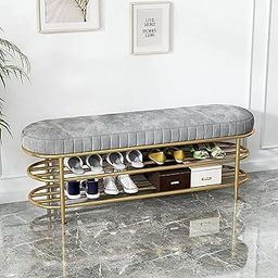 EDEUEQUE Entryway Bench Metal Frame Shoe Rack Bench End of Bed Bench Shoe Changing Stool for Living Room Hallway and Bedroom with 2 -Layer Shelf-Gray-picture-24