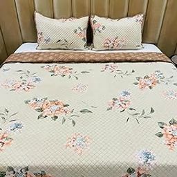Subtlespreads Premium Cotton Feel Quilted Bedcover for Double Bed King Size with 2 Quilted Pillow Covers - Decorative Bed Cover/Quilted Bedspread Bedsheet, Beige Floral Texture-image-68
