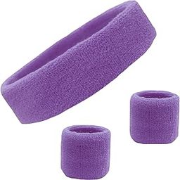 Kenz Laurenz Sweatband Set Cotton Sports Headband Terry Cloth Wristband Moisture Wicking Sweat Absorbing Head Band Athletic Exercise Basketball Wrist Sweatbands and Headbands (Purple M)-image-39