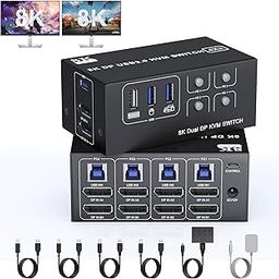 KVM Switch 4 PC 2 Monitors 8K 60Hz 4K 120Hz, Dual Monitor KVM Switch DisplayPort Aluminium with 3 USB 3.0 Ports for 2 PC/Laptops, DP 1.4 KVM Switch Shares a Mouse, Keyboard and 4 USB Devices-10