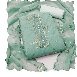 Women'S Sea Green Unstitched Heavy Thread Sequence Embroidery And Stylish Neck With Designer Dupatta Georgette Dress Material (RNX591SGN)-image-68