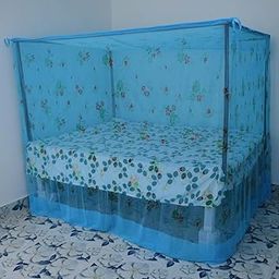 RN Enterprise Cotton Mosquito Net with Elegant Floral Design, Colored Cotton Tape, and Designed Bottom - Available in King, Queen, Double Sizes (Sky Blue, Queen Size Bed (3 Person))-6