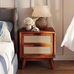 Renbo Wooden Bedside Table with Cane Rattan Design, 2 Drawers, Brown | Boston Solid Wood Bedside Table with Rattan Drawers Mid Century Night Stand for Living Room, Bedroom (Hony)-image-27