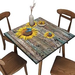Square Fitted Tablecloth with Elastic, Waterproof Farmhouse Rustic Tablecloths for Outdoor Camping Picnic, Daisy Print Fabric Wipeable Table Cloths Fits Tables up to 40", RCT01-image-53