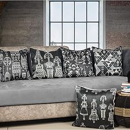 Vendola Tribal Cave Satin Microfiber Decorative Throw Cartoon Pillow/Cushion Covers, Multicolour, Set of 5 Pieces (16X16 Inches, Tribal), 250 TC-53