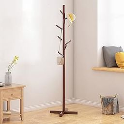 wolpin 8 Hooks Coat Hanger Rack Stand Wooden Scarf, Stand for Bags Umbrella, Hat, Walnut Brown-25