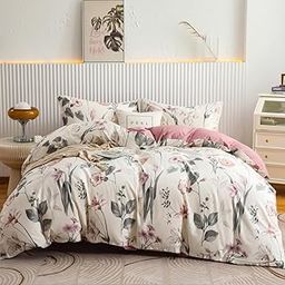 OAITE Duvet Cover Set Queen Size Floral Pattern Soft Long Staple Cotton Duvet Cover Sets 3-PC, Breathable Duvet Cover with Zipper Closure & Corner Ties-image-24