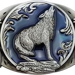 Fashion Vintage Retro Wolf Belt Buckle For Men Western Cowboy Blue Enamel Grey Tone, Blue, Medium-image-8