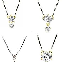 American Diamond Gold Plated Mangalsutra Pendant with Black Double-layer Chain and Earrings for Women (Length -14 Inch)-image-5